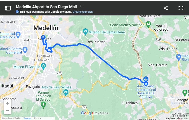 Google maps, Rionegro to Medellin
